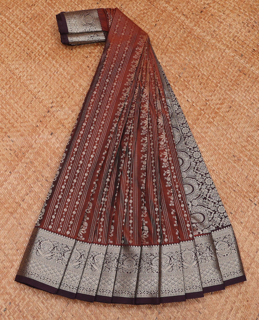 Maroon floral creeper and buttas budget silk saree, contrast traditional zari design border, and intricate pallu