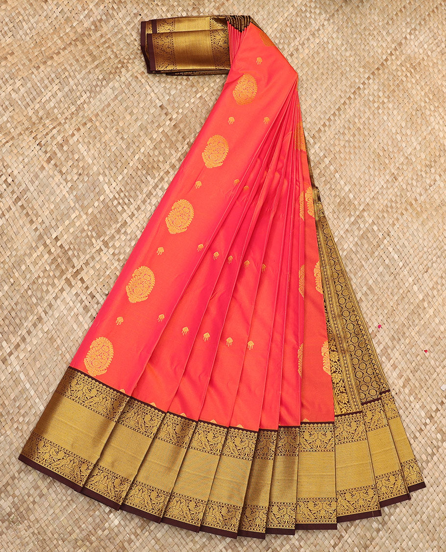 Orange Budget Silk Saree Meticulously Crafted with Zari Buttas, Complemented by a Contrast Traditional Zari-Designed Border, Featuring a Pallu Beautified with Jaal Designs, Paired with a Contrast Blouse