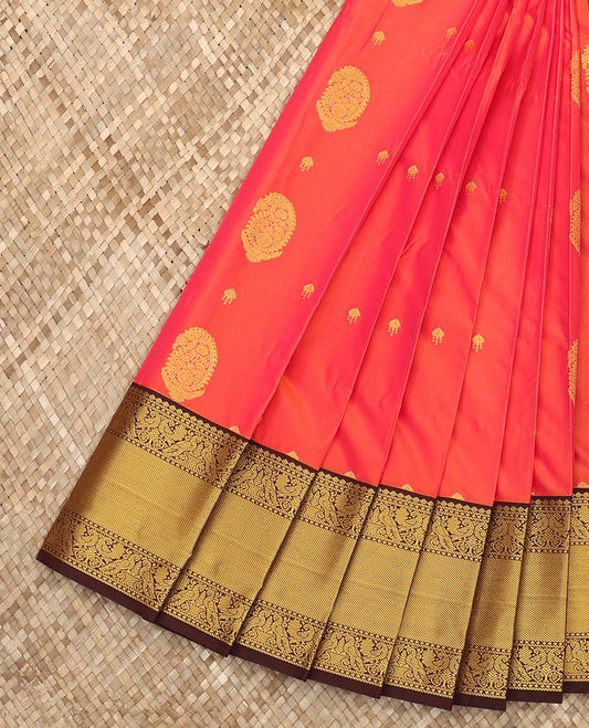 Orange Budget Silk Saree Meticulously Crafted with Zari Buttas, Complemented by a Contrast Traditional Zari-Designed Border, Featuring a Pallu Beautified with Jaal Designs, Paired with a Contrast Blouse