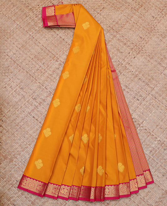 Orange Budget Silk Saree, Gleamed Up with Buttas All Over Its Body, Complemented by a Contrast Traditional Zari Border of Peacock and Chakram Designs, Jaal Pallu, and Paired with a Contrast Blouse