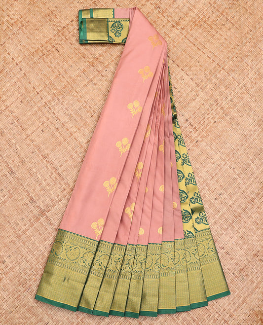 Rosewood Pink Budget Silk Saree, Showcasing Zari Buttas on Its Body, Complemented by a Contrast Traditional Zari Design Border, Pallu of Floral Design, and Paired with a Contrast Blouse