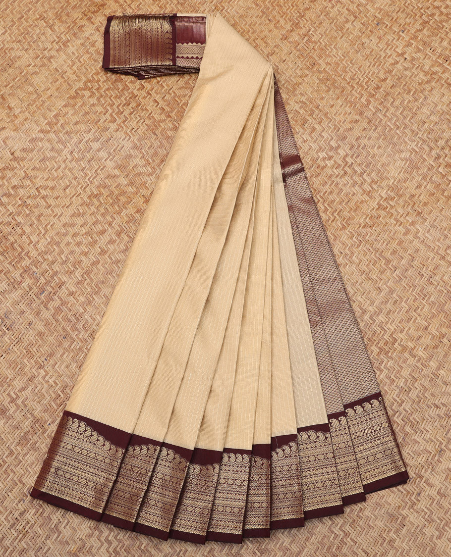 Sandal Budget Silk Saree, Sparsely Sparkled with Zari Checks, Complemented by a Contrast Traditional Zari Border, Jaal Pallu, and a Contrast Blouse