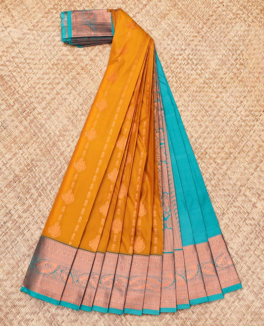 Yellow Budget Silk Saree, Gleamed Up with Zari Buttas, Complemented by a Contrast Traditional Zari Border, Grand Pallu, and a Contrast Blouse