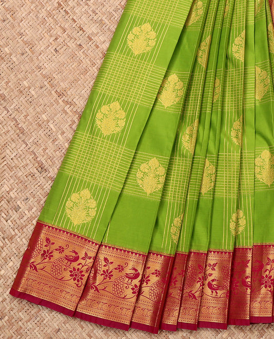 Green Budget Silk Saree, Embellished with Zari Buttas and Checks, a Contrast Traditional Zari Border, Grand Pallu, and a Contrast Blouse