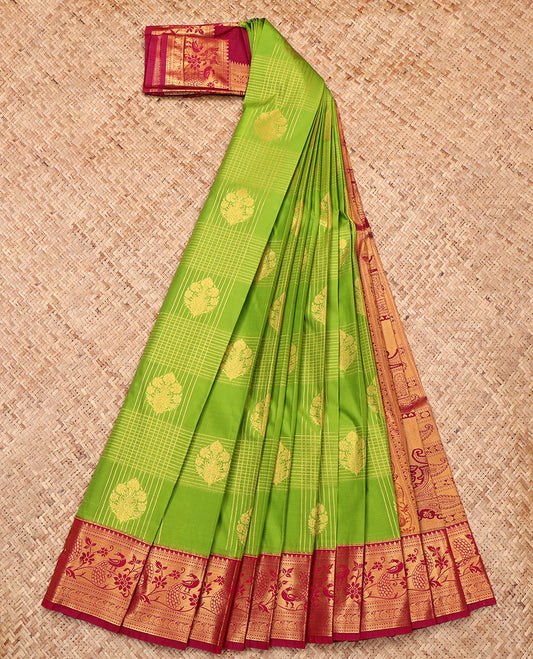 Green Budget Silk Saree, Embellished with Zari Buttas and Checks, a Contrast Traditional Zari Border, Grand Pallu, and a Contrast Blouse