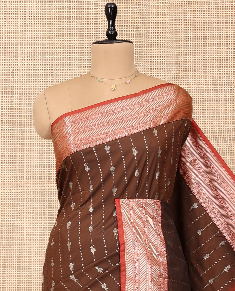 Brown Budget Silk Saree, Enthralled with Zari Stripes, Complemented by a Contrast Traditional Zari Border, Pallu of Jaal and Paisley Designs, and Contrast Blouse