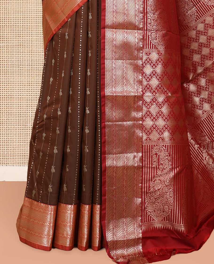 Brown Budget Silk Saree, Enthralled with Zari Stripes, Complemented by a Contrast Traditional Zari Border, Pallu of Jaal and Paisley Designs, and Contrast Blouse