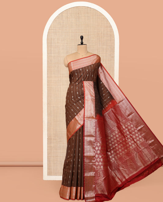 Brown Budget Silk Saree, Enthralled with Zari Stripes, Complemented by a Contrast Traditional Zari Border, Pallu of Jaal and Paisley Designs, and Contrast Blouse