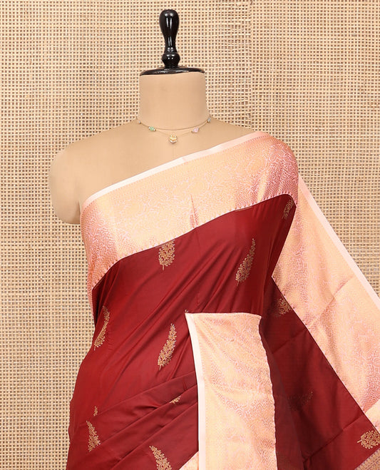 Rust Budget Silk Saree, Detailed with Paisley Buttas, Complemented by a Contrast Traditional Zari Border, Grand Pallu, and Contrast Blouse
