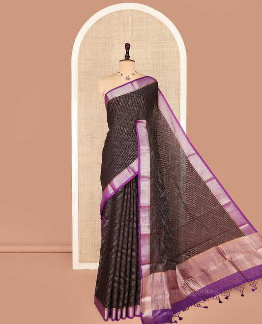 Black Assam Silk Saree Enlivened with Zig-Zag Stripes on Its Body, Complemented by a Contrast Traditional Zari Design Border, Majestically Zari Detailed Pallu, and Paired with a Contrast Blouse