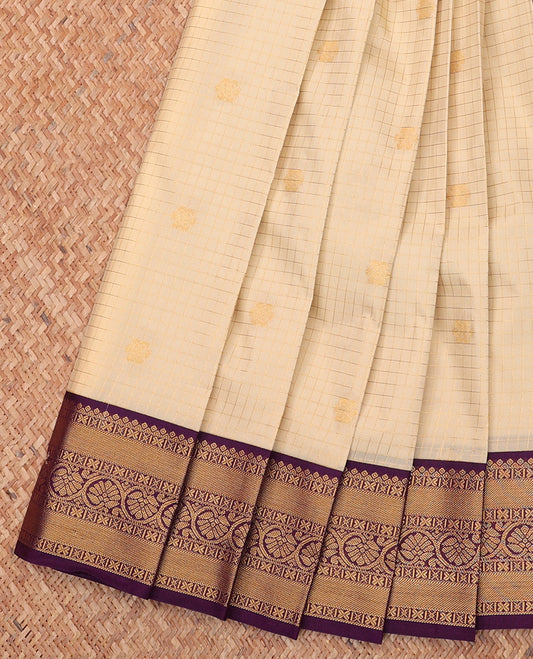 Light Sandal Budget Silk Saree, Entralled with Zari Buttas and Checks On Its Body, Complemented by Contrast Traditional Zari Designs Woven Border, Grand Jaal Pallu, and Paired with a Contrast Blouse