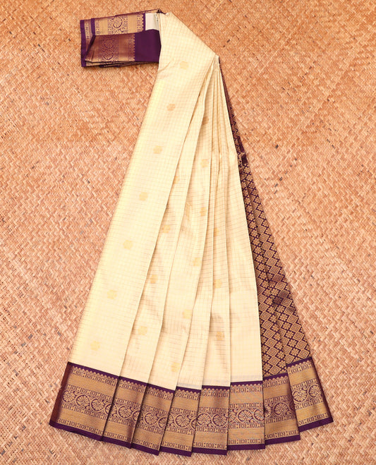 Light Sandal Budget Silk Saree, Entralled with Zari Buttas and Checks On Its Body, Complemented by Contrast Traditional Zari Designs Woven Border, Grand Jaal Pallu, and Paired with a Contrast Blouse