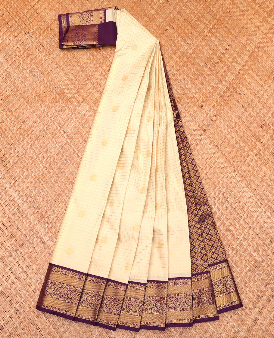 Light Sandal Budget Silk Saree, Entralled with Zari Buttas and Checks On Its Body, Complemented by Contrast Traditional Zari Designs Woven Border, Grand Jaal Pallu, and Paired with a Contrast Blouse