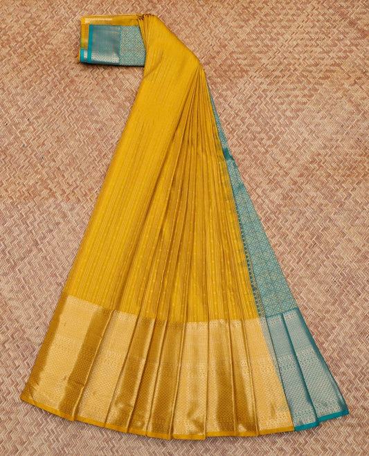 Mustard Budget Silk Saree, Subtly Sparkled With Zari Stripes On Its Body,  Highlighted by Traditional Zari Designs Woven Border, Contrast Grand Pallu of Jaal Designs, and Paired with a Contrast Blouse