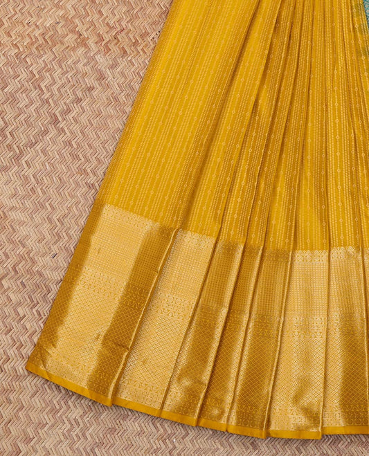 Mustard Budget Silk Saree, Subtly Sparkled With Zari Stripes On Its Body,  Highlighted by Traditional Zari Designs Woven Border, Contrast Grand Pallu of Jaal Designs, and Paired with a Contrast Blouse