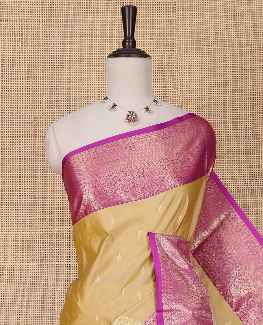 Sandal Budget Silk Saree, Sparsely Sparkled with Zari Buttas on Its Body, Complemented by a Contrast Traditional Zari Design Border, Opulently Embellished Jaal Pallu, and Paired with a Contrast Blouse