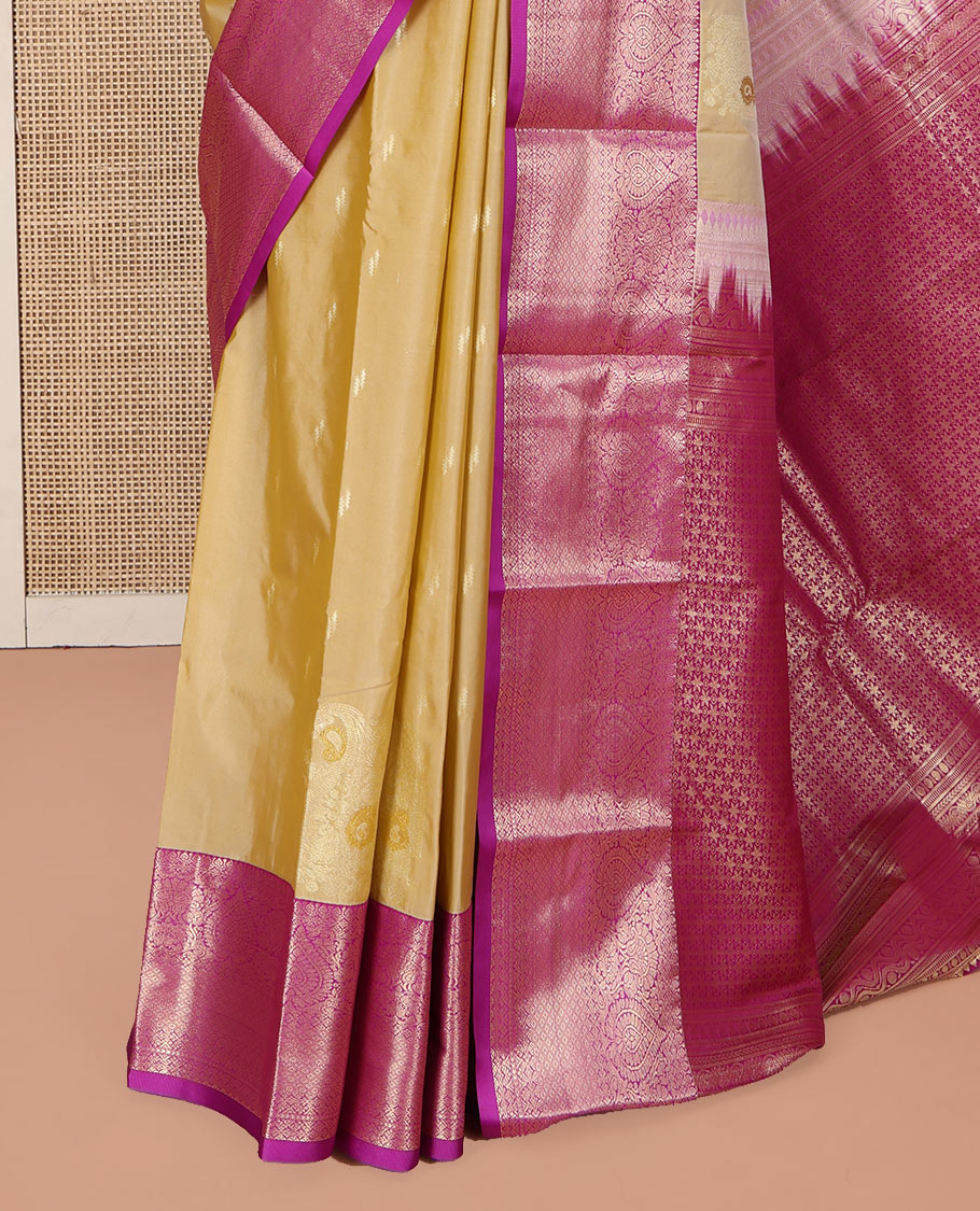 Sandal Budget Silk Saree, Sparsely Sparkled with Zari Buttas on Its Body, Complemented by a Contrast Traditional Zari Design Border, Opulently Embellished Jaal Pallu, and Paired with a Contrast Blouse
