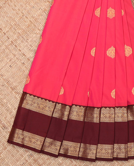 Pink Budget Silk Saree, Finely Woven with Zari Buttas All Over Its Body, Complemented by a Contrast Traditional Zari Design-Woven Rettai Pettu Border, Grand Jaal-Patterned Pallu, and Paired with a Contrast Blouse