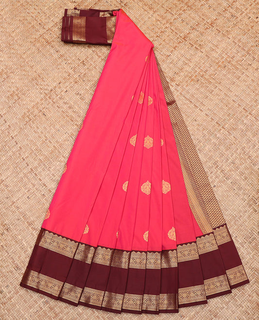 Pink Budget Silk Saree, Finely Woven with Zari Buttas All Over Its Body, Complemented by a Contrast Traditional Zari Design-Woven Rettai Pettu Border, Grand Jaal-Patterned Pallu, and Paired with a Contrast Blouse