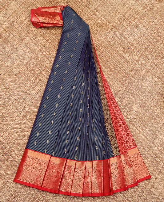 Blue Budget Silk Saree, Enthralled with Zari Buttas and Stripes on Its Body, Complemented by a Contrast Traditional Zari Design Border of Paisleys, Grand Jaal Pallu, and Paired with a Contrast Blouse