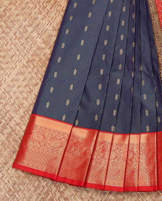 Blue Budget Silk Saree, Enthralled with Zari Buttas and Stripes on Its Body, Complemented by a Contrast Traditional Zari Design Border of Paisleys, Grand Jaal Pallu, and Paired with a Contrast Blouse