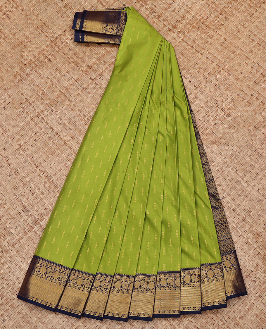 Green Budget Silk Saree, Elevated with Zari Buttas All Over Its Body, Complemented by a Contrast Traditional Zari Peacock-Rudraksham Border, Grand Pallu, and Paired with a Contrast Blouse