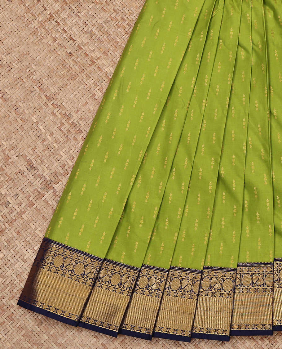 Green Budget Silk Saree, Elevated with Zari Buttas All Over Its Body, Complemented by a Contrast Traditional Zari Peacock-Rudraksham Border, Grand Pallu, and Paired with a Contrast Blouse