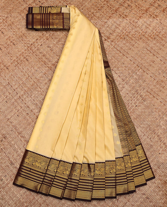 Sandal Budget Silk Saree, Sparsely Woven with Zari Buttas, Complemented by Contrast Traditional Zari Border, Grand Pallu and a Contrast Blouse