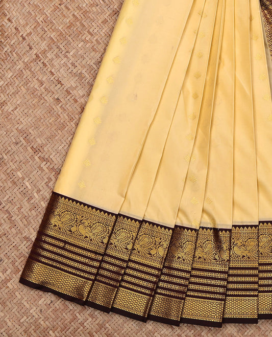 Sandal Budget Silk Saree, Sparsely Woven with Zari Buttas, Complemented by Contrast Traditional Zari Border, Grand Pallu and a Contrast Blouse