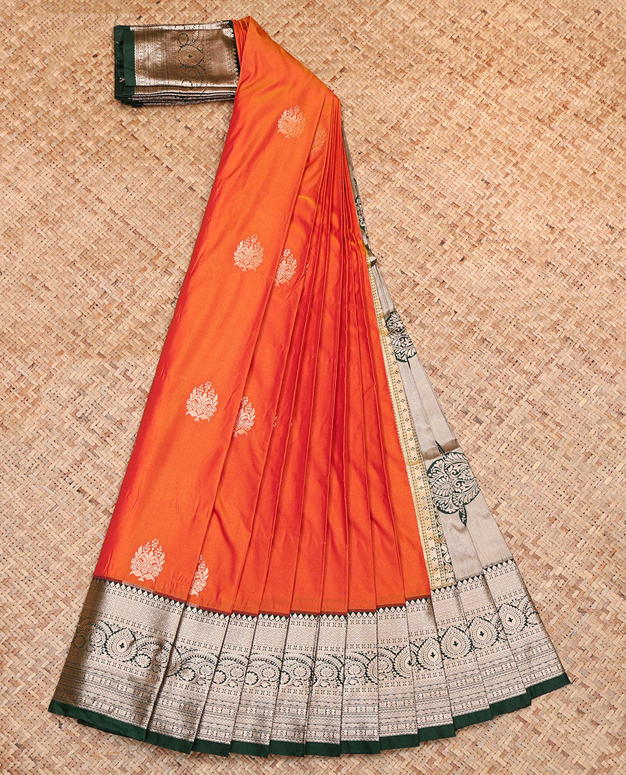 Orange Budget Silk Saree, Majestically Detailed with Zari Buttas, Complemented by a Contrast Traditional Zari Border, Grand Pallu, and a Contrast Blouse