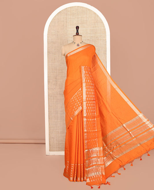 Orange Plain Assam Silk Saree, Mesmerized with a Traditional Zari Border, Zari-Striped Pallu, and a Matching Blouse