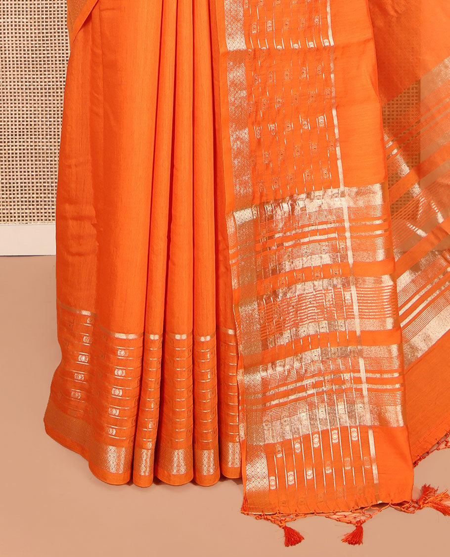 Orange Plain Assam Silk Saree, Mesmerized with a Traditional Zari Border, Zari-Striped Pallu, and a Matching Blouse
