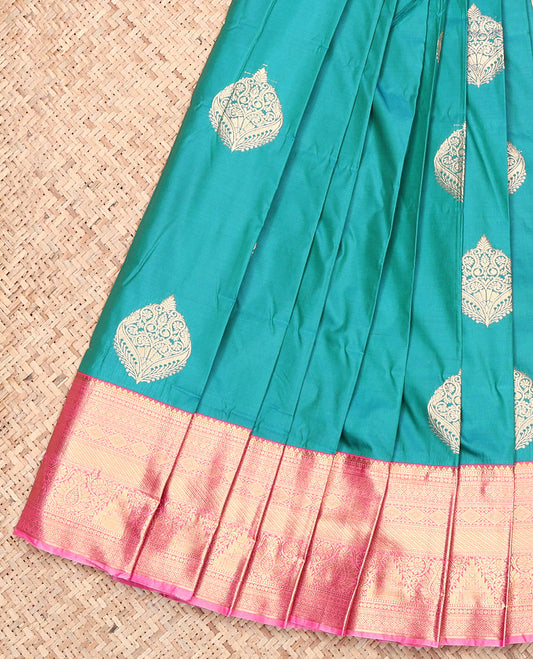 Peacock Blue Budget Silk Saree, Decked Up with Zari Buttas, Contrast Traditional Zari Border, Intricately Designed Pallu, and a Contrast Blouse