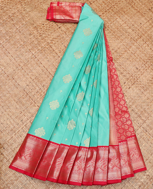 Turquoise Budget Silk Saree, Gleamed Up with Zari Buttas, Complemented by Contrast Traditional Zari Border, Jaal Pallu, and a Contrast Blouse