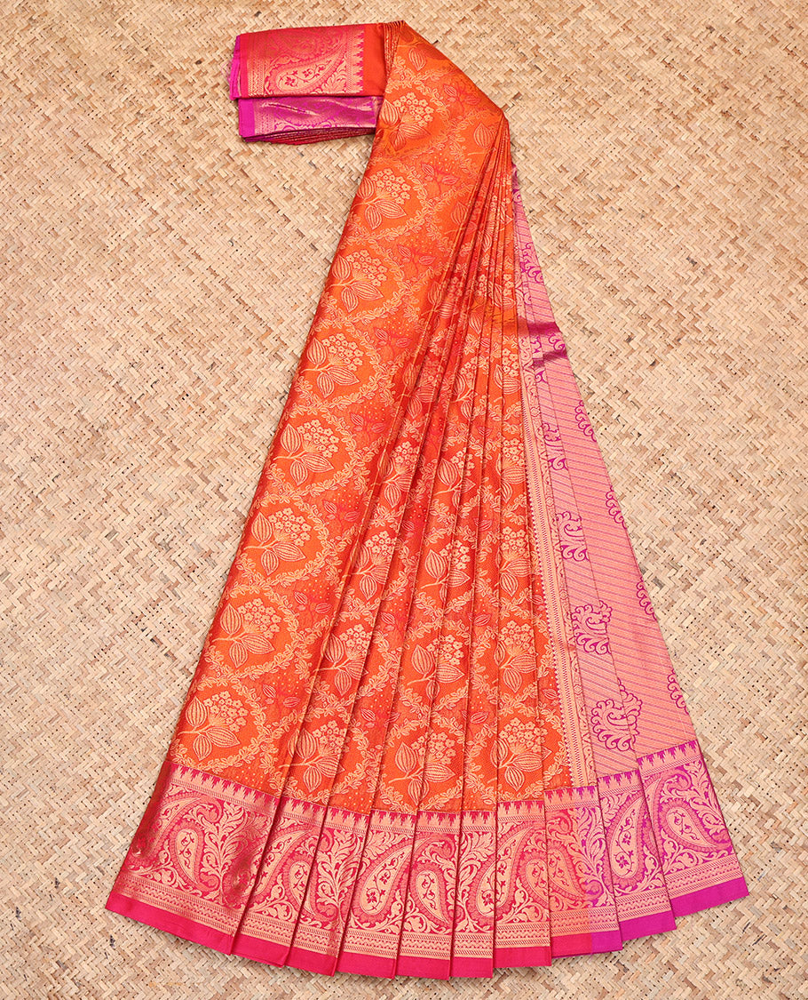 Orange Budget Silk Saree Showcasing Jacquard Design, Complemented by Contrast Paisley Zari Border, Grand Pallu, and a Contrast Blouse