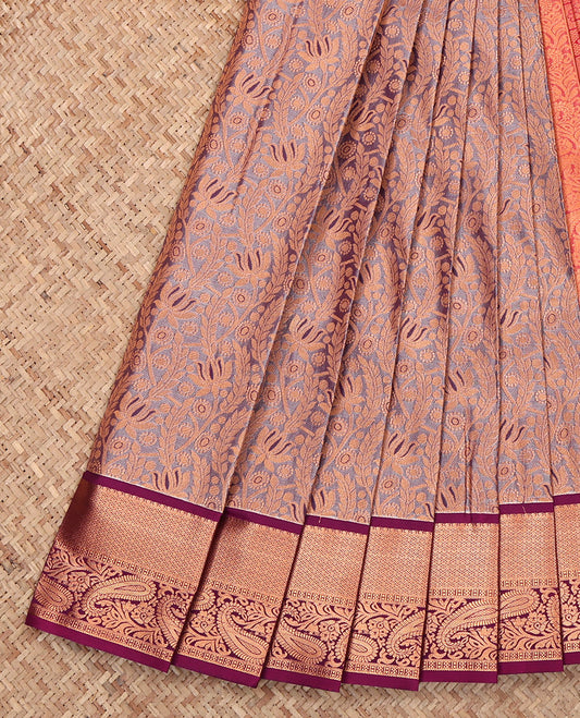 Grey Budget Silk Saree, Gracefully Embellished with Jacquard, a Contrast Traditional Zari Border, Jaal Pallu, and a Contrast Blouse