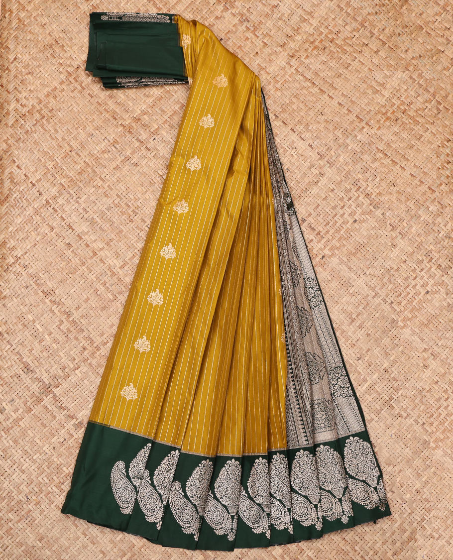 Mustard Budget Silk Saree, Embellished with Zari Buttas and Stripes, Complemented by a Contrast Zari Border, Grand Pallu, and Contrast Blouse
