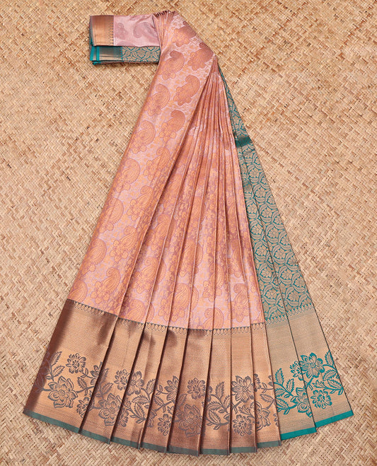 Peach Budget Silk Saree, Spotlighted with a Jacquard Design, Complemented by a Contrast Floral Creeper Zari Border, Grand Pallu, and Contrast Blouse