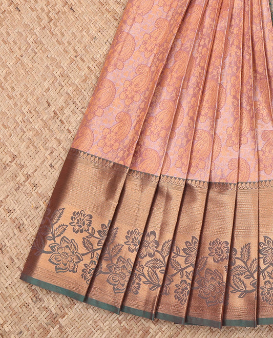 Peach Budget Silk Saree, Spotlighted with a Jacquard Design, Complemented by a Contrast Floral Creeper Zari Border, Grand Pallu, and Contrast Blouse
