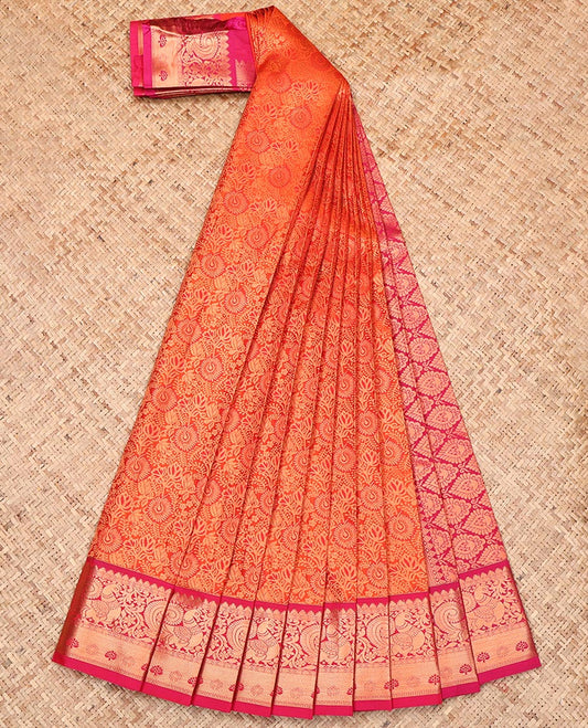 Orange Budget Silk Saree, Delicately Woven with Jacquard Design, Complemented by a Contrast Peacock Zari Border, Grand Pallu, and a Contrast Blouse