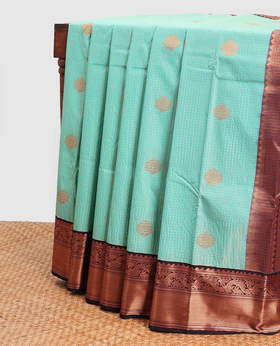 Blue ckecked, leaf motifs gift saree with contrast zari design border & checked zari design pallu