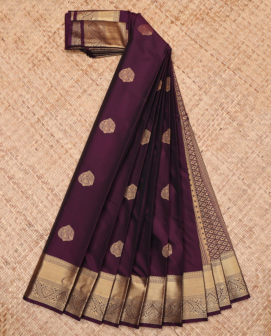 Purple Budget Silk Saree, Ornamented with Zari Buttas, Highlighted by a Traditional Zari Border, Jaal Pallu, and Matching Blouse