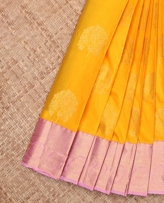 Yellow Budget Silk Saree, Sparsely Woven with Zari Buttas, Complemented by a Contrast Traditional Zari Border, Grand Pallu, and a Contrast Blouse