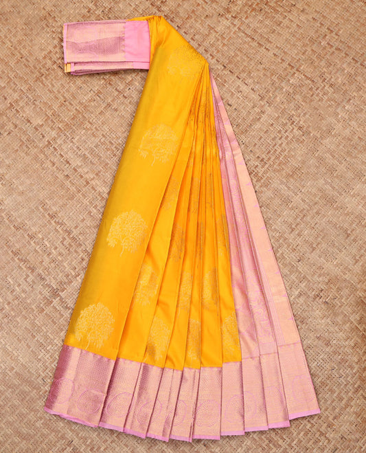 Yellow Budget Silk Saree, Sparsely Woven with Zari Buttas, Complemented by a Contrast Traditional Zari Border, Grand Pallu, and a Contrast Blouse