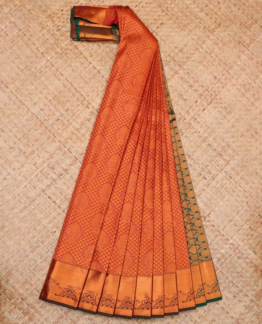 Orange Budget Silk Saree, Enlivened with Floral Zari Design, Complemented by Contrast Traditional Zari Border, a Grand Pallu and a Contrast Blouse