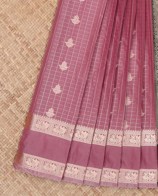 Onion Pink Budget Silk Saree, Embellished with Zari Buttas and Checks, Highlighted by Traditional Zari Rettai Pettu Border, Contrast Grand Pallu, and a Contrast Blouse