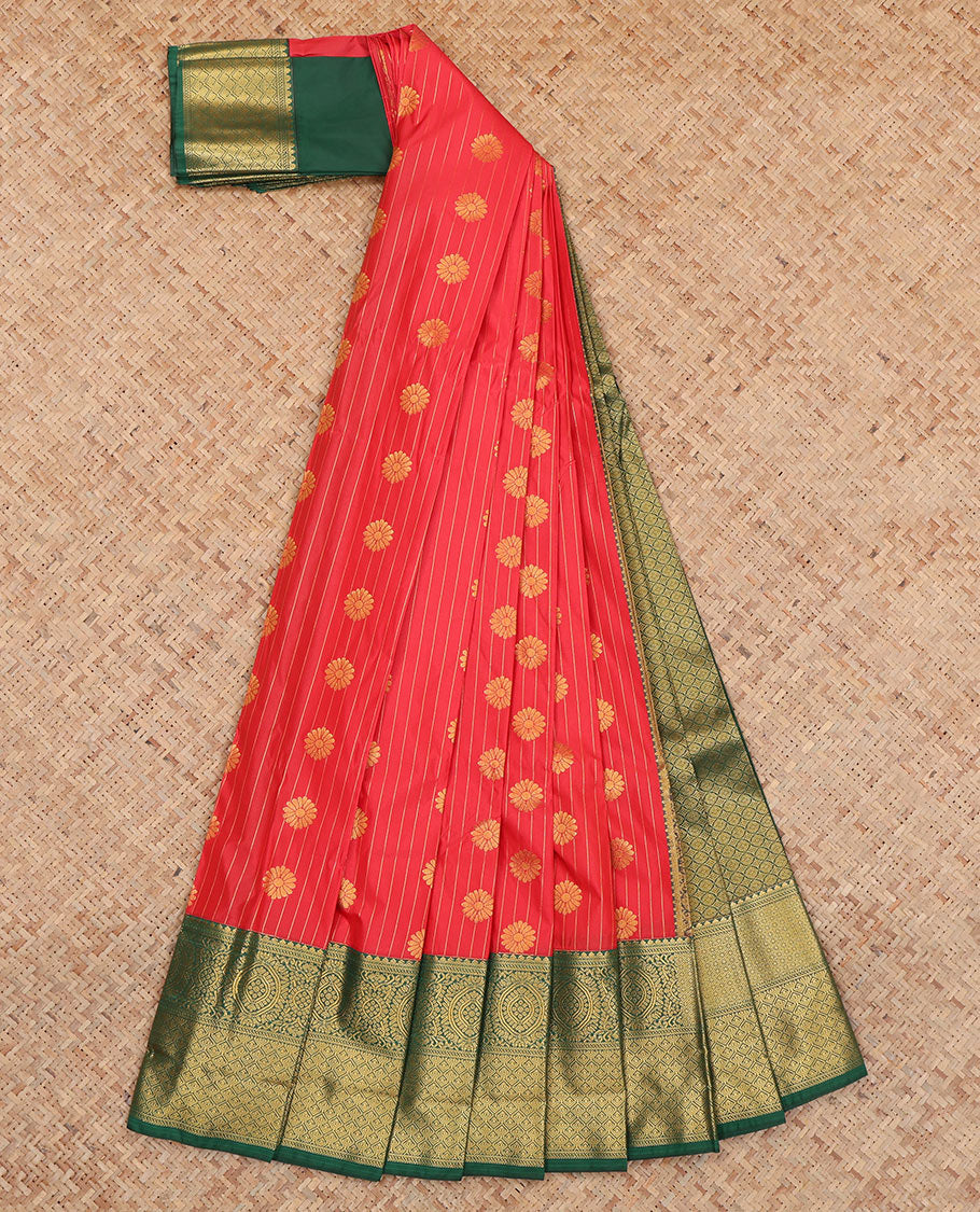 Red Budget Silk Saree, Delicately Woven Zari Buttas and Stripes, Complemented by Contrast Traditional Zari Border, a Jaal Pallu and a Contrast Blouse