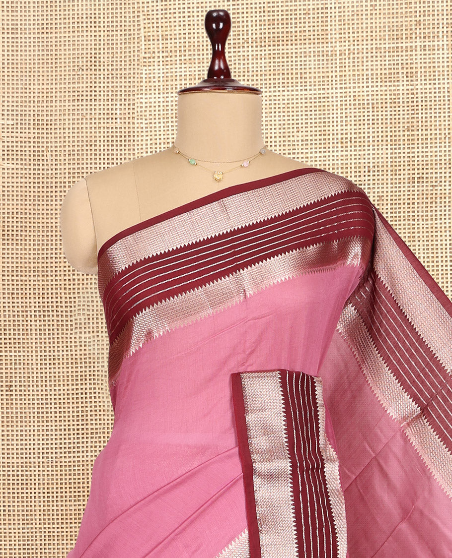 Pink Plain Assam Silk Saree, Complemented by Contrast Traditional Zari Border,  Zari Woven Pallu, and Contrast Blouse