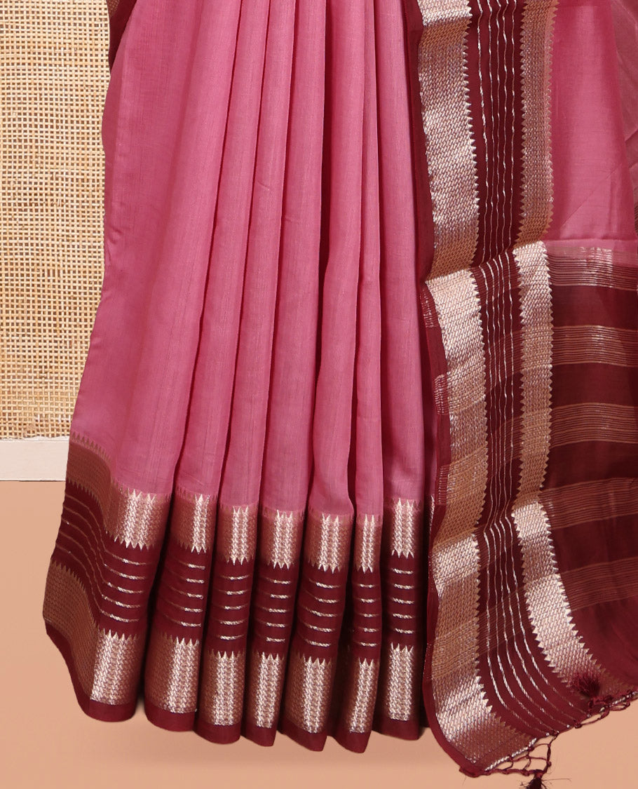 Pink Plain Assam Silk Saree, Complemented by Contrast Traditional Zari Border,  Zari Woven Pallu, and Contrast Blouse