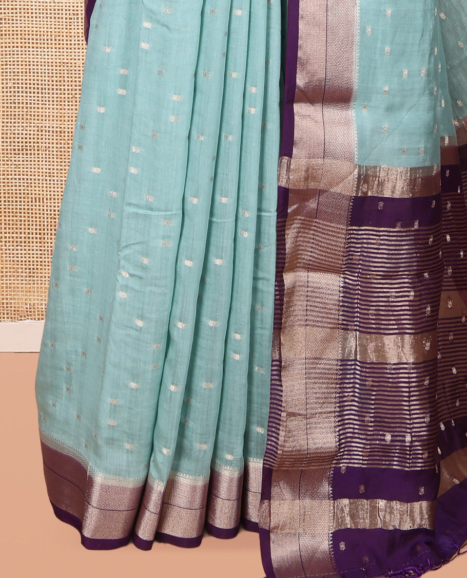 Blue Assam Silk Saree, Bedecked with Zari Buttas, Complemented by Contrast Zari Border,  Zari Woven Pallu, and Contrast Blouse